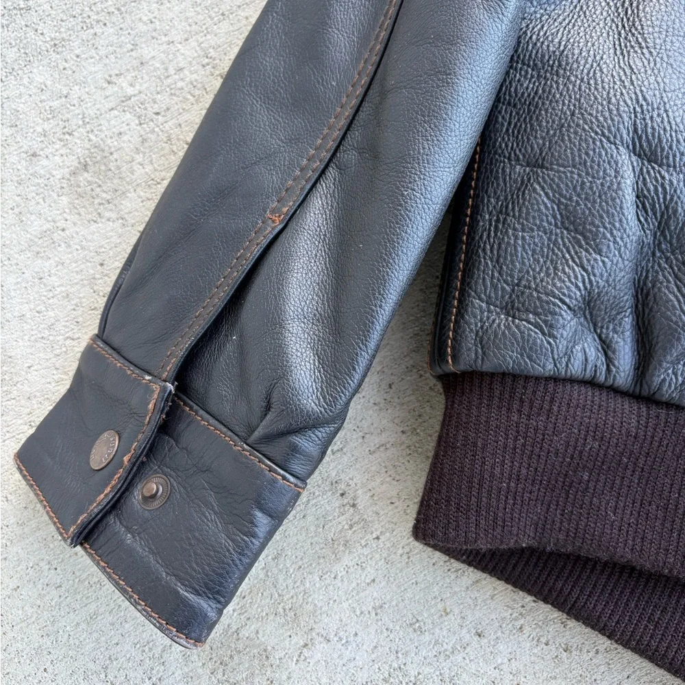 Vintage European Transmission Leather Bomber Jacket Sherpa Collar Men’s Large - Picture 6 of 12